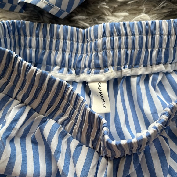 Blue/white pinstriped two piece set outfit, size small, silky, button up - Picture 3 of 5